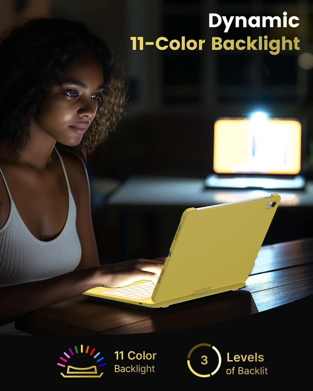 Alt view image 6 of 7 - Flexbook Trackpad-Free Keyboard Case for iPad A16 11th/10th Gen | 360° Rotating, 11-Color Backlit Keys, Pencil Holder; Fits iPad A16 11 (2025) & 10th Gen 10.9 (2022), Yellow