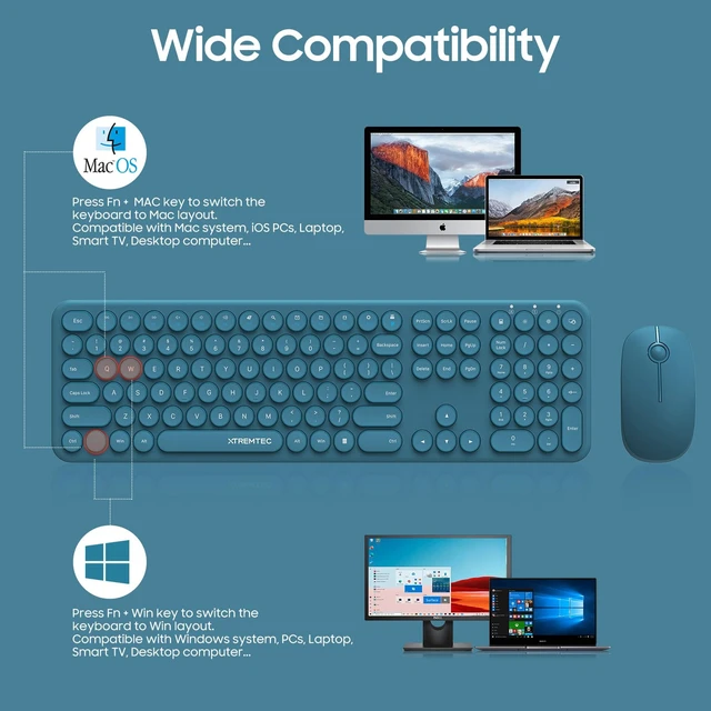 Alt view image 7 of 7 - Wireless Keyboard and Mouse Combo, XTREMTEC 2.4GHz Full Size Ultra Slim Blue Silent Keyboard, Retro Round Keycap Cute Aesthetic Quiet Cordless Keyboard Mouse Set for Windows Mac OSBlue