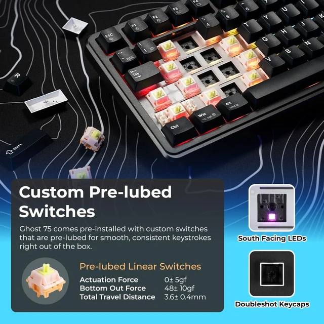Alt view image 3 of 7 - Ghost 75% Wireless Mechanical Keyboard | RGB Gaming Keyboard with Volume Knob | Tri-Mode 2.4GHz/Bluetooth/USB-C | Gasket Mounted | Hot Swappable Pre-Lubed Linear Switches | 4000mAh | Black