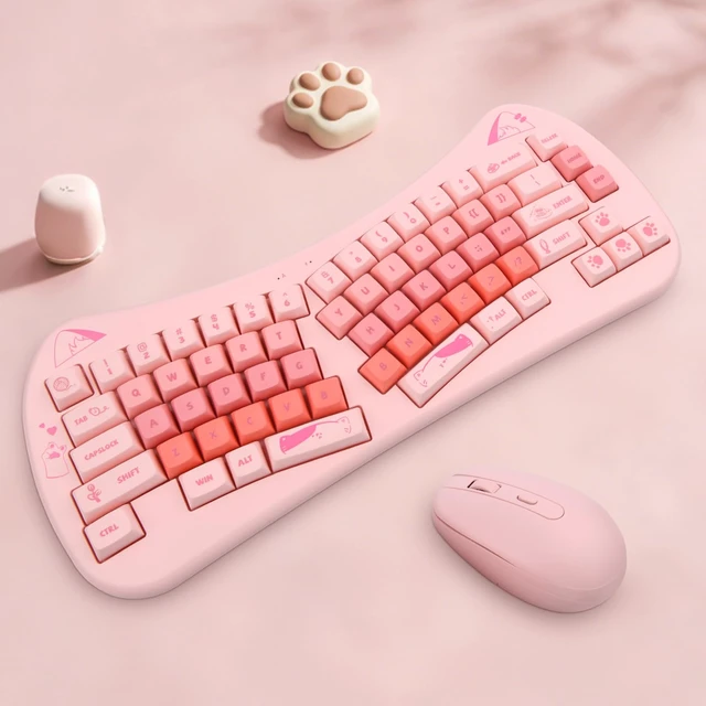 Alt view image 3 of 7 - Wireless Wave Keyboard Mouse for Girls Kids, 68-Key Pink | Pink Cute Cat, Kawaii Design, Compact Keyboard, Ergonomic Mouse, 2.4G Plug and Play, Compatible with PC Laptop Windows Mac