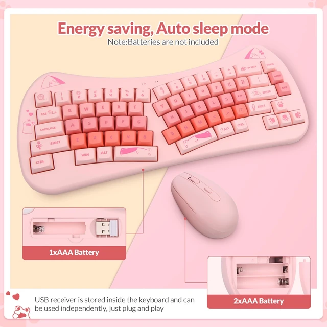 Alt view image 2 of 7 - Wireless Wave Keyboard Mouse for Girls Kids, 68-Key Pink | Pink Cute Cat, Kawaii Design, Compact Keyboard, Ergonomic Mouse, 2.4G Plug and Play, Compatible with PC Laptop Windows Mac