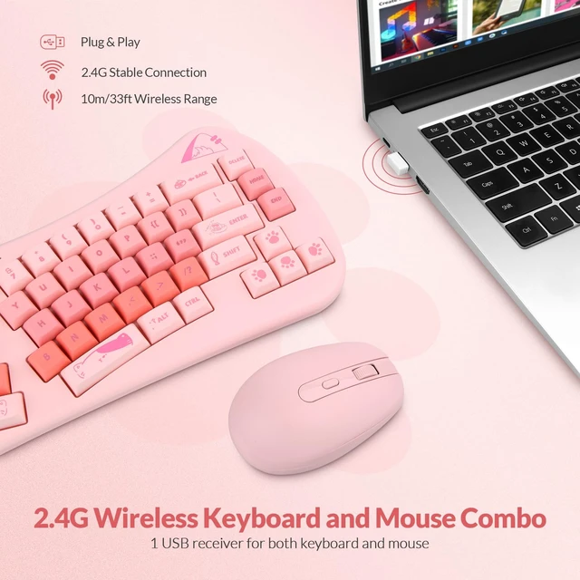 Alt view image 6 of 7 - Wireless Wave Keyboard Mouse for Girls Kids, 68-Key Pink | Pink Cute Cat, Kawaii Design, Compact Keyboard, Ergonomic Mouse, 2.4G Plug and Play, Compatible with PC Laptop Windows Mac