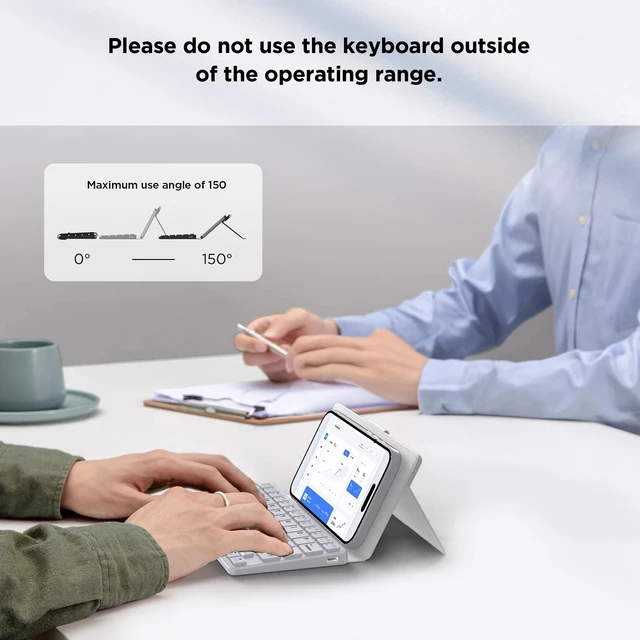 Alt view image 7 of 7 - Wireless Keyboard with Stand, Mini Keyboard for Cell Phone, Ultra-Slim Portable, Foldable, Dual-Channel QWERTY with Stand Holder for Smartphone and More iOS Android Windows, Grey