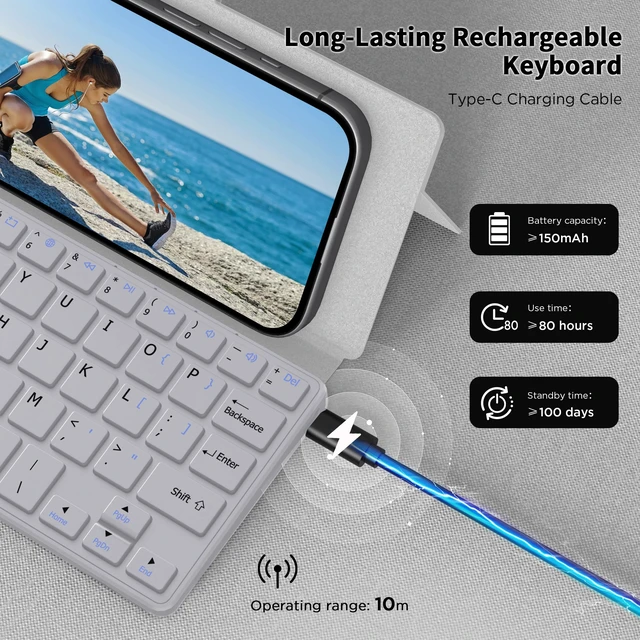 Alt view image 6 of 7 - Wireless Keyboard with Stand, Mini Keyboard for Cell Phone, Ultra-Slim Portable, Foldable, Dual-Channel QWERTY with Stand Holder for Smartphone and More iOS Android Windows, Grey