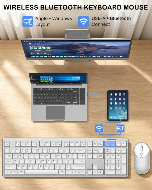 Alt view image 2 of 7 - Wireless Bluetooth Keyboard and Mouse Combo, Ultra Slim Set for Mac/Windows | Bluetooth+2.4GHz USB Connect, Quiet, Rechargeable, Full-Size Keyboard, 3-Level DPI Mouse, for PC/Laptop/MacBook