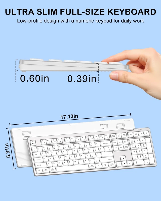 Alt view image 3 of 7 - Wireless Bluetooth Keyboard and Mouse Combo, Ultra Slim Set for Mac/Windows | Bluetooth+2.4GHz USB Connect, Quiet, Rechargeable, Full-Size Keyboard, 3-Level DPI Mouse, for PC/Laptop/MacBook