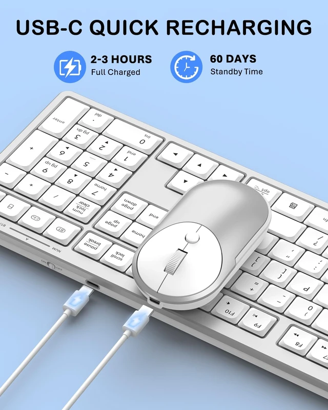 Alt view image 5 of 7 - Wireless Bluetooth Keyboard and Mouse Combo, Ultra Slim Set for Mac/Windows | Bluetooth+2.4GHz USB Connect, Quiet, Rechargeable, Full-Size Keyboard, 3-Level DPI Mouse, for PC/Laptop/MacBook