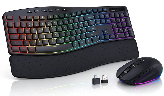 Main image of Ergonomic Wireless Keyboard and Mouse Silent, Rechargeable RGB Keyboard | Soft Leather Wrist Rest, Light up Letter, 15 Lighting RGB Backlit, 3200 DPI 2.4G Mouse for PC Computer Laptop Windows Mac