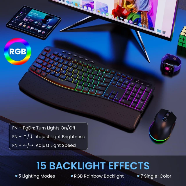 Alt view image 2 of 7 - Ergonomic Wireless Keyboard and Mouse Silent, Rechargeable RGB Keyboard | Soft Leather Wrist Rest, Light up Letter, 15 Lighting RGB Backlit, 3200 DPI 2.4G Mouse for PC Computer Laptop Windows Mac