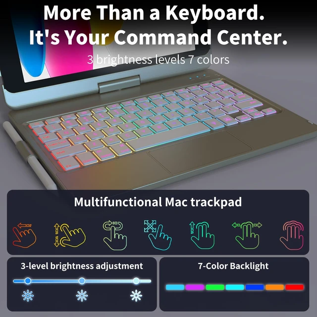 Alt view image 4 of 7 - Case with Keyboard for iPad 10.2,Touch Trackpad Keyboard Case for iPad 9th Generation/8th/7th Gen, 10 Corlor Backlit - 360° Rotatable Protective Cover with Pencil Holder (Grey)
