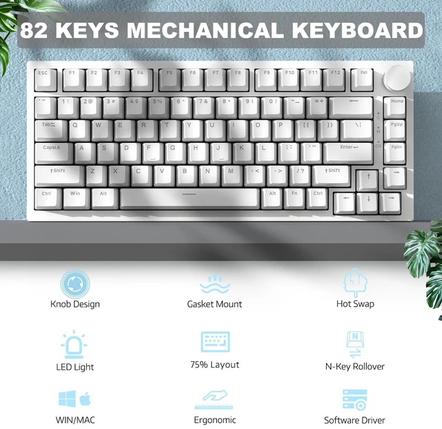 Alt view image 2 of 7 - Ajazz AK820 Mechanical Keyboard with CNC Knob Control,75% Gasket Mount Keyboard and Detachable USB Wired Gaming Keyboard for Win/Mac,Blue Light,NKRO,Blue Clicky Switch(White)