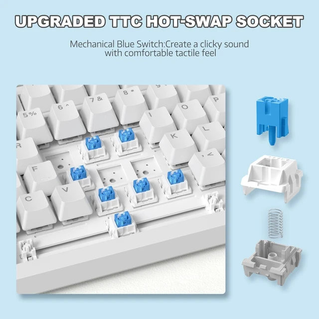 Alt view image 5 of 7 - Ajazz AK820 Mechanical Keyboard with CNC Knob Control,75% Gasket Mount Keyboard and Detachable USB Wired Gaming Keyboard for Win/Mac,Blue Light,NKRO,Blue Clicky Switch(White)