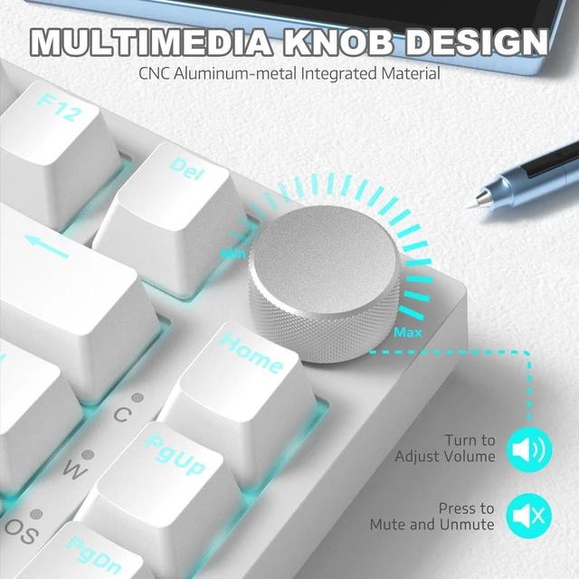 Alt view image 4 of 7 - Ajazz AK820 Mechanical Keyboard with CNC Knob Control,75% Gasket Mount Keyboard and Detachable USB Wired Gaming Keyboard for Win/Mac,Blue Light,NKRO,Blue Clicky Switch(White)