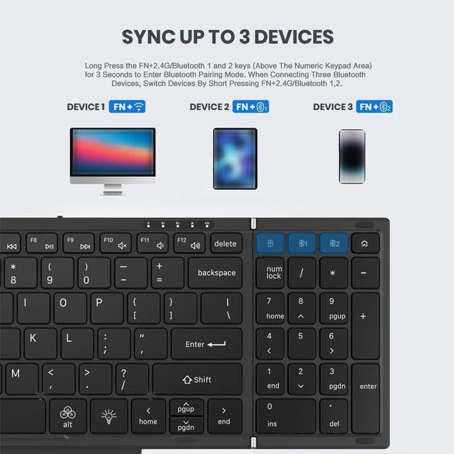 Alt view image 3 of 6 - Wireless 2.4G Bluetooth Folding Keyboard with Trackpad, RGB Backlight, Silent Rechargeable, Full Size Travel Portable Keyboard for Laptop, Tablet Phone