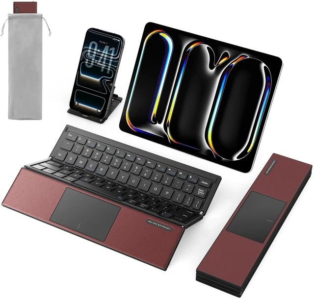 Main image of Z01T Portable Tri-Fold Bluetooth Keyboard with Touchpad, Full Size Keys, Wireless Folding Travel Keyboard, Multi-Device Rechargeable for iPad, iPhone, Android, Windows, Mac,Black and Wine Red