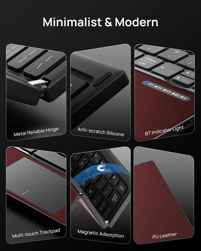 Alt view image 3 of 7 - Z01T Portable Tri-Fold Bluetooth Keyboard with Touchpad, Full Size Keys, Wireless Folding Travel Keyboard, Multi-Device Rechargeable for iPad, iPhone, Android, Windows, Mac,Black and Wine Red