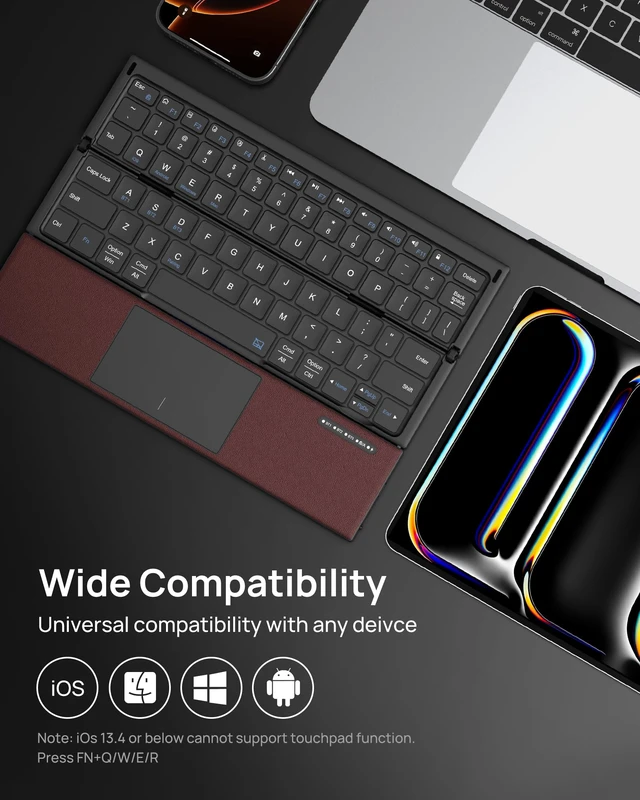 Alt view image 4 of 7 - Z01T Portable Tri-Fold Bluetooth Keyboard with Touchpad, Full Size Keys, Wireless Folding Travel Keyboard, Multi-Device Rechargeable for iPad, iPhone, Android, Windows, Mac,Black and Wine Red