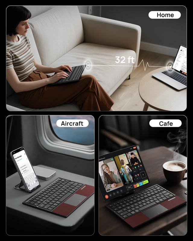 Alt view image 6 of 7 - Z01T Portable Tri-Fold Bluetooth Keyboard with Touchpad, Full Size Keys, Wireless Folding Travel Keyboard, Multi-Device Rechargeable for iPad, iPhone, Android, Windows, Mac,Black and Wine Red