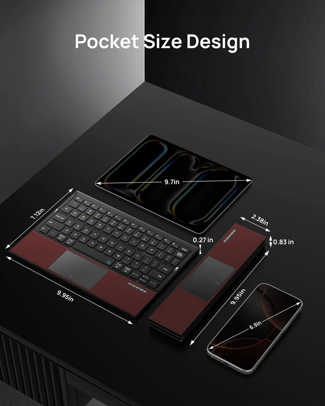 Alt view image 7 of 7 - Z01T Portable Tri-Fold Bluetooth Keyboard with Touchpad, Full Size Keys, Wireless Folding Travel Keyboard, Multi-Device Rechargeable for iPad, iPhone, Android, Windows, Mac,Black and Wine Red