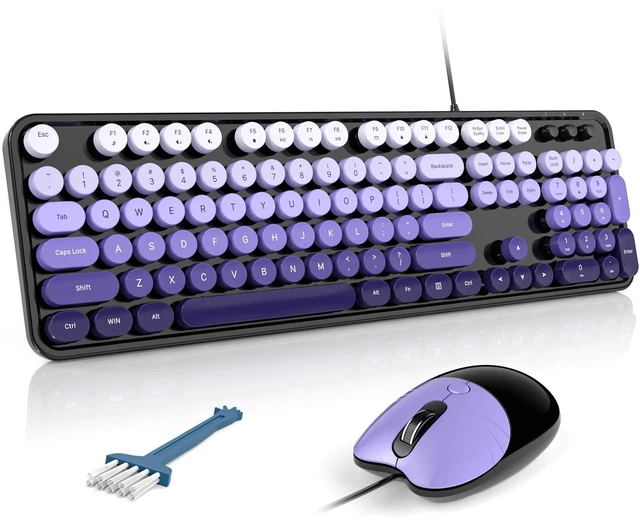 Main image of Wired Keyboard and Mouse Combo, Full-Sized Retro Typewriter Computer Keyboards with Cute Cat Mouse for Windows PC Laptop (Black Purple)
