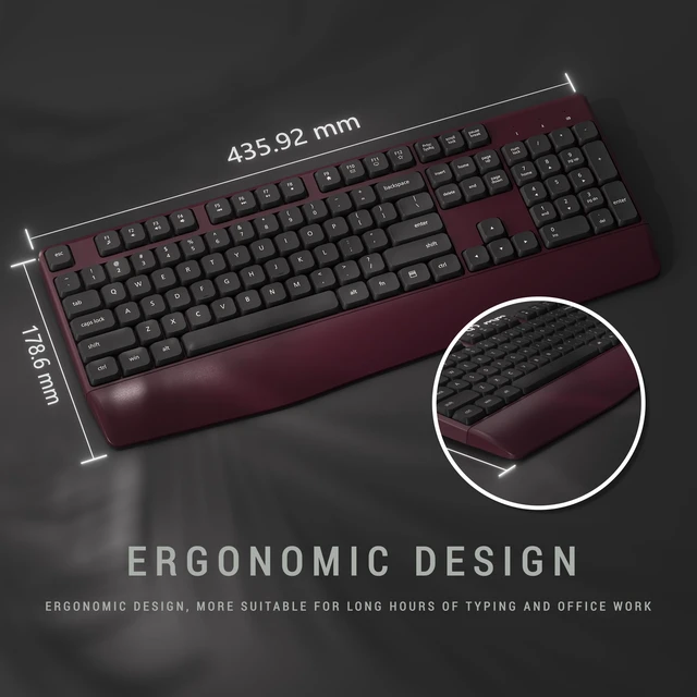 Alt view image 3 of 6 - Ergonomic Wireless Keyboard and Mouse Combo, Claret | Computer Keyboard Mouse with Wrist Rest, BK Chipset, Full-Size Colorful, Power Button, USB Receiver for PC Laptop