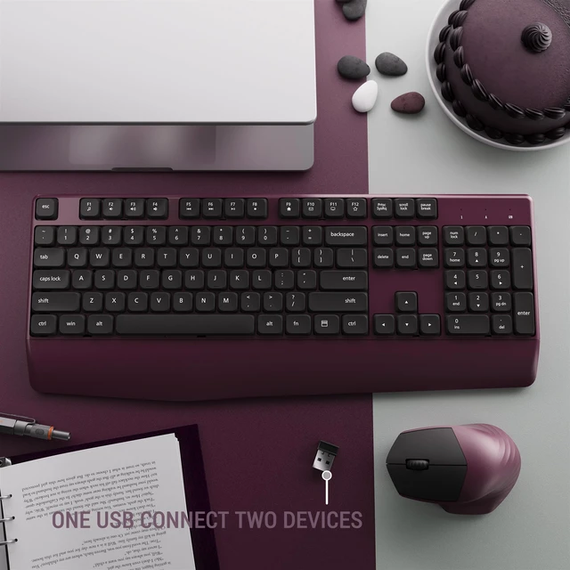 Alt view image 4 of 6 - Ergonomic Wireless Keyboard and Mouse Combo, Claret | Computer Keyboard Mouse with Wrist Rest, BK Chipset, Full-Size Colorful, Power Button, USB Receiver for PC Laptop