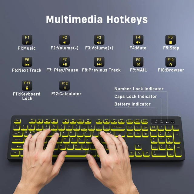 Alt view image 7 of 7 - Backlit Wireless Keyboard, 2.4G Silent Wireless Light Up Keyboard, Full Size Computer Keyboards with 7 Colored Backlits, Rechargeable Keyboards for Windows, PC, Laptop (Black, Normative)