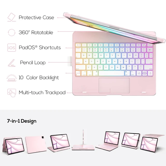 Alt view image 4 of 7 - Touch Keyboard Case for iPad Air 11/Pro 11 Gen 1-4, 360° Rotating | 7 Modes, Multi-Touch Trackpad, 11-Color Backlight, Pencil Holder; for Air 11 M4-M2/Air 5-4/Pro 11 Gen 1-4, Light Pink
