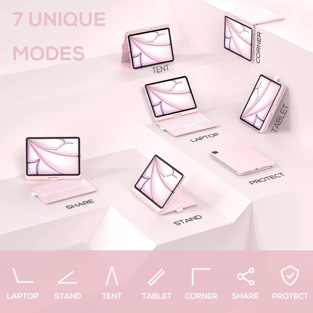 Alt view image 7 of 7 - Touch Keyboard Case for iPad Air 11/Pro 11 Gen 1-4, 360° Rotating | 7 Modes, Multi-Touch Trackpad, 11-Color Backlight, Pencil Holder; for Air 11 M4-M2/Air 5-4/Pro 11 Gen 1-4, Light Pink