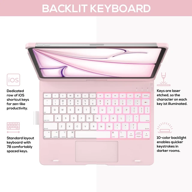 Alt view image 6 of 7 - Touch Keyboard Case for iPad Air 11/Pro 11 Gen 1-4, 360° Rotating | 7 Modes, Multi-Touch Trackpad, 11-Color Backlight, Pencil Holder; for Air 11 M4-M2/Air 5-4/Pro 11 Gen 1-4, Light Pink