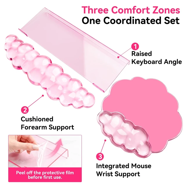 Alt view image 3 of 7 - Keyboard Stand with Wrist Rest and Mouse Pad, Acrylic Keyboard Riser, Pink | Gel Cloud Keyboard Wrist Rest, Ergonomic Wrist Support, Non-Slip 3-in-1 Set, Typing Comfort for Home Office, Study and