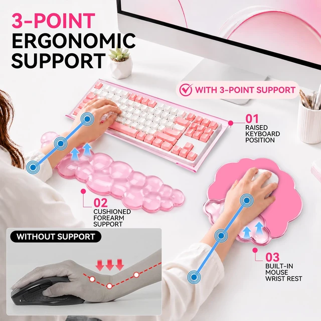 Alt view image 5 of 7 - Keyboard Stand with Wrist Rest and Mouse Pad, Acrylic Keyboard Riser, Pink | Gel Cloud Keyboard Wrist Rest, Ergonomic Wrist Support, Non-Slip 3-in-1 Set, Typing Comfort for Home Office, Study and