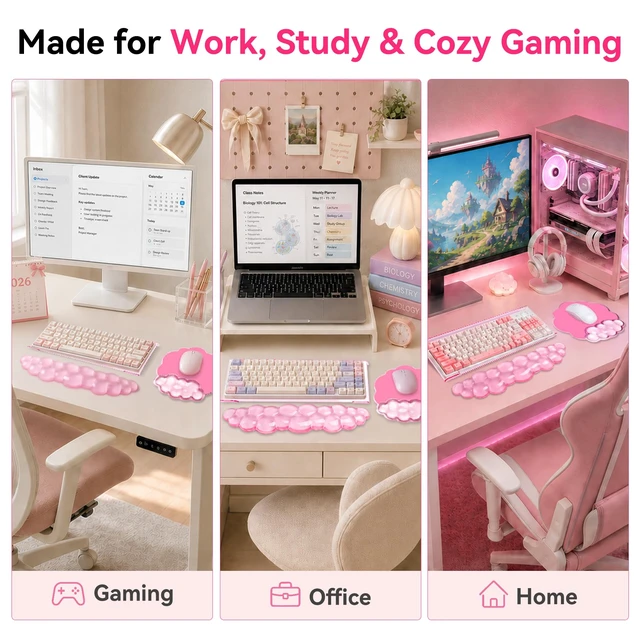 Alt view image 6 of 7 - Keyboard Stand with Wrist Rest and Mouse Pad, Acrylic Keyboard Riser, Pink | Gel Cloud Keyboard Wrist Rest, Ergonomic Wrist Support, Non-Slip 3-in-1 Set, Typing Comfort for Home Office, Study and