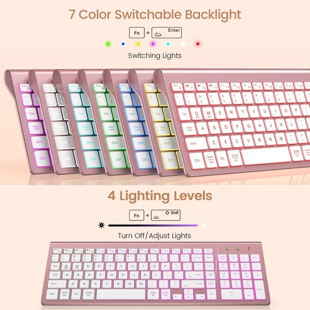Alt view image 2 of 7 - Wireless Keyboard with 7-Color Backlight, Quiet Low-Profile Keys | Rechargeable, Compact Cordless Design, Slim Quiet Scissor-Switch Keys, Auto Sleep, Windows, Linux, Chrome OS & Mac Compatible