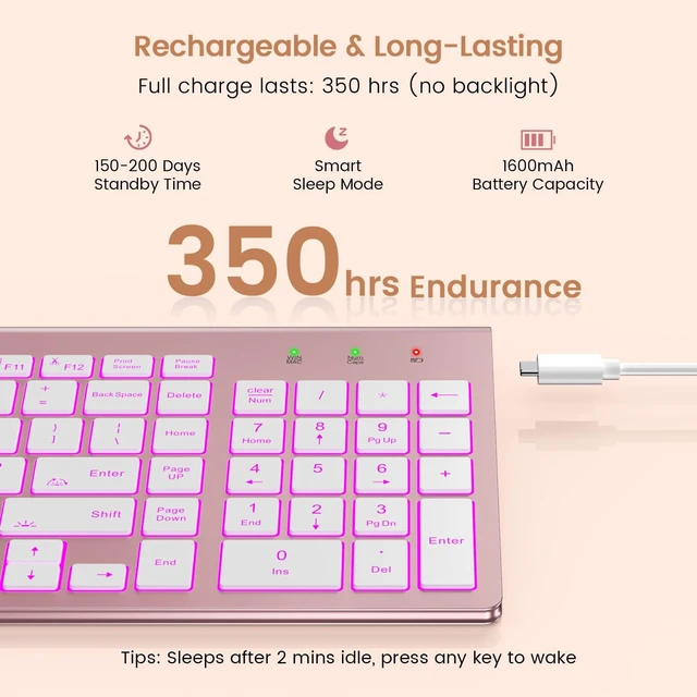 Alt view image 3 of 7 - Wireless Keyboard with 7-Color Backlight, Quiet Low-Profile Keys | Rechargeable, Compact Cordless Design, Slim Quiet Scissor-Switch Keys, Auto Sleep, Windows, Linux, Chrome OS & Mac Compatible