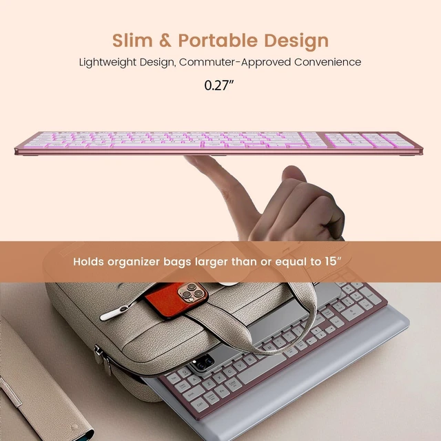 Alt view image 4 of 7 - Wireless Keyboard with 7-Color Backlight, Quiet Low-Profile Keys | Rechargeable, Compact Cordless Design, Slim Quiet Scissor-Switch Keys, Auto Sleep, Windows, Linux, Chrome OS & Mac Compatible