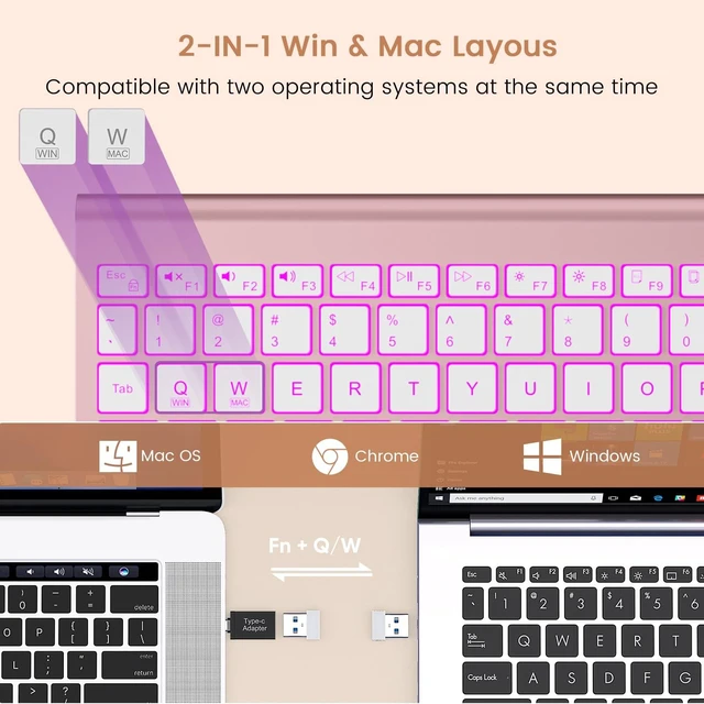 Alt view image 5 of 7 - Wireless Keyboard with 7-Color Backlight, Quiet Low-Profile Keys | Rechargeable, Compact Cordless Design, Slim Quiet Scissor-Switch Keys, Auto Sleep, Windows, Linux, Chrome OS & Mac Compatible