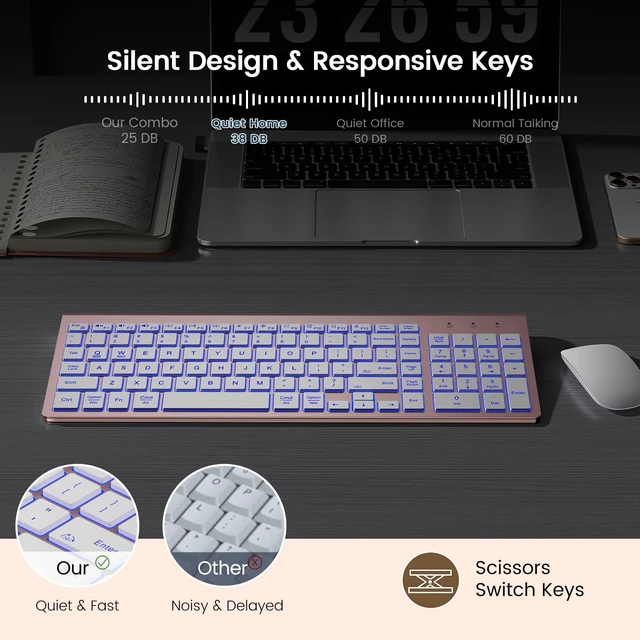 Alt view image 6 of 7 - Wireless Keyboard with 7-Color Backlight, Quiet Low-Profile Keys | Rechargeable, Compact Cordless Design, Slim Quiet Scissor-Switch Keys, Auto Sleep, Windows, Linux, Chrome OS & Mac Compatible
