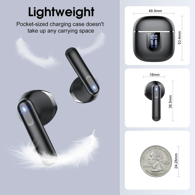 Alt view image 5 of 7 - Wireless Earbuds, Bluetooth 5.4 Headphones with 3D Bass Stereo Sound, 40H In-Ear Buds with 6 ENC Noise Cancelling Mic, Ultralight Bluetooth Earbuds USB-C LED, IP7 Waterproof Earphones for Android iOS
