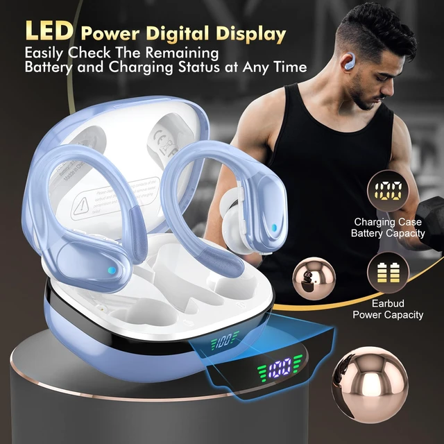 Alt view image 7 of 7 - Wireless Earbuds, Sports Bluetooth Headphones, 80Hrs Playtime Ear Buds with LED Power Display, Noise Canceling Headset, IPX7 Waterproof Earphones for Workout/RunningBlue