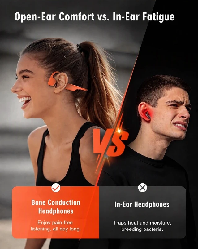 Alt view image 3 of 7 - Bone Conduction Headphones, Open Ear Earbuds with Display Screen,Orange | Premium Sound, Dual Mic Call Clarity, Bluetooth 6.0, 14H Playtime, 26.5g Lightweight, IPX5 Waterproof for Running Cycling Gym