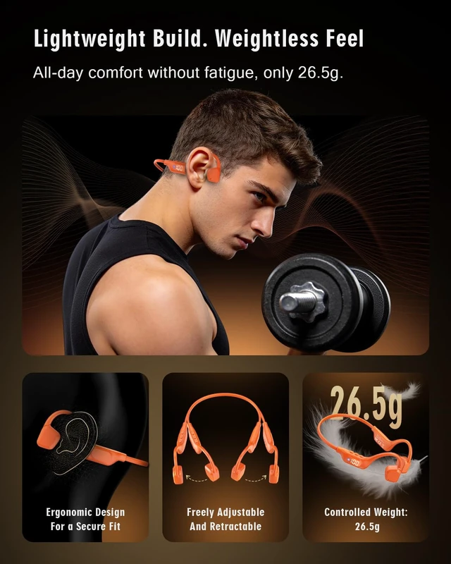 Alt view image 7 of 7 - Bone Conduction Headphones, Open Ear Earbuds with Display Screen,Orange | Premium Sound, Dual Mic Call Clarity, Bluetooth 6.0, 14H Playtime, 26.5g Lightweight, IPX5 Waterproof for Running Cycling Gym