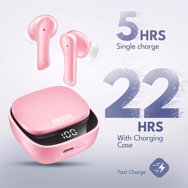 Alt view image 2 of 7 - True Wireless Earbuds with Charging Case - Designed and Engineered in the USA - IPx4 Water Resistant Bluetooth Earbuds Compatible with Apple and Android - 27Hrs Battery Life - Light Pink