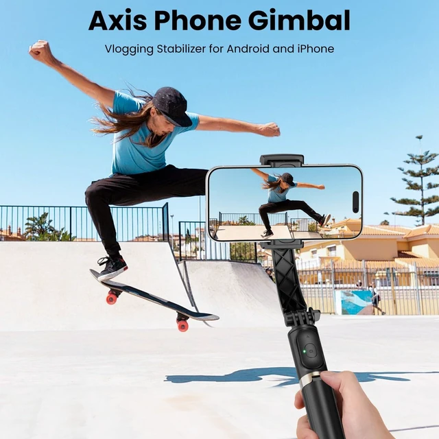 Alt view image 3 of 7 - 1-Axis Gimbal Stabilizer for iPhone, Selfie Stick Tripod | 360° auto-balance phone holder, fits iPhone & Android smartphones 4.0-6.2 in, wireless Bluetooth remote, vlogging, travel