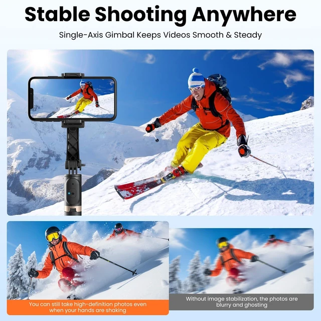 Alt view image 4 of 7 - 1-Axis Gimbal Stabilizer for iPhone, Selfie Stick Tripod | 360° auto-balance phone holder, fits iPhone & Android smartphones 4.0-6.2 in, wireless Bluetooth remote, vlogging, travel