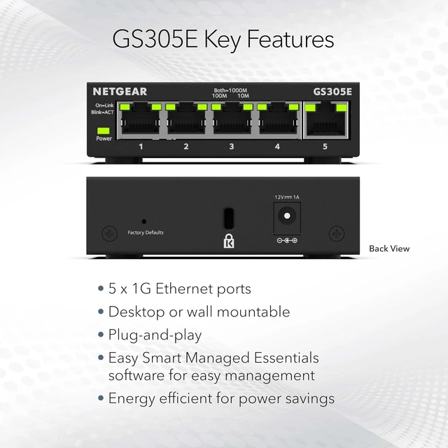 Alt view image 6 of 7 - 5-Port Gigabit Ethernet Easy Smart Managed Network Switch (GS305E) | Desktop or Wall Mount, Home Network Hub, Office Ethernet Splitter, Silent Operation, Essentials Model