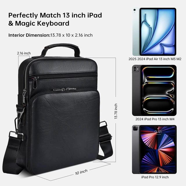 Alt view image 2 of 7 - 12.9-13 Inch iPad Leather Bag for 2026 2025 13 inch iPad Pro M5 M4 & iPad Air M4 with Magic Keyboard, iPad Pro 12.9, Travel Shoulder Carrying Sleeve Case Handle Bag, Black