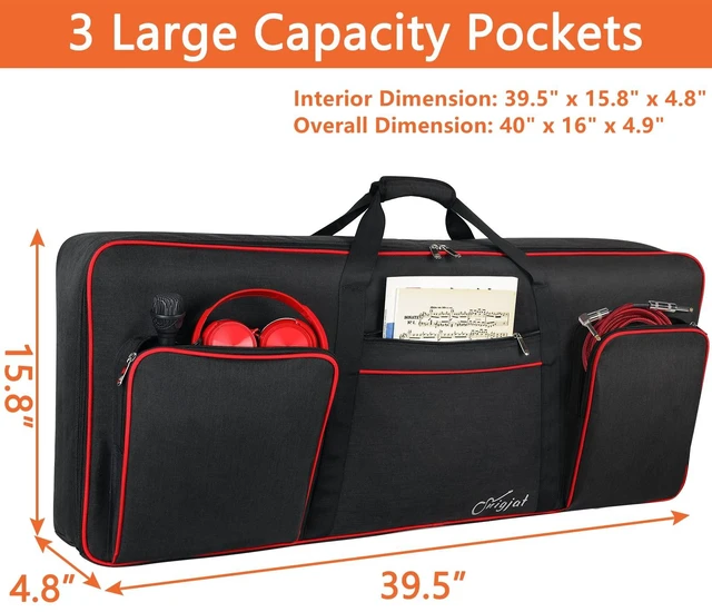 Alt view image 2 of 7 - 61 Key Keyboard Case Soft with Adjustable Padded Shoulder Straps | Piano Bag with 0.32 inch Cotton, 61 Key Keyboard Bag with Handle, Piano Keyboard Case with 3 Pockets (Size: 39.5"x15.8"x4.8")