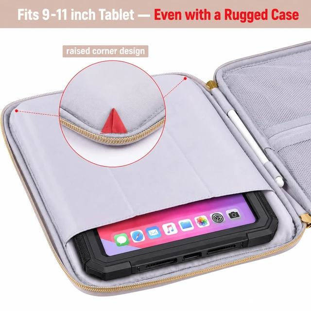 Alt view image 3 of 7 - Puffy Tablet Sleeve 9-11", Fits iPad with Hard Case or Keyboard Case On | Water-repellent quilted shell, padded; iPad Air 11" & Galaxy Tab S9/S8 fit; charger & earbuds pockets, commute & travel ready