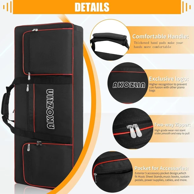 Alt view image 4 of 7 - 61 Key Keyboard Case, Soft Padded Keyboard Gig Bag, Piano Bag | Portable Keyboard Carrying Bag with Handle,Adjustable Shoulder Straps, Pockets for Accessories, 40.6"x5.3"x15.7"